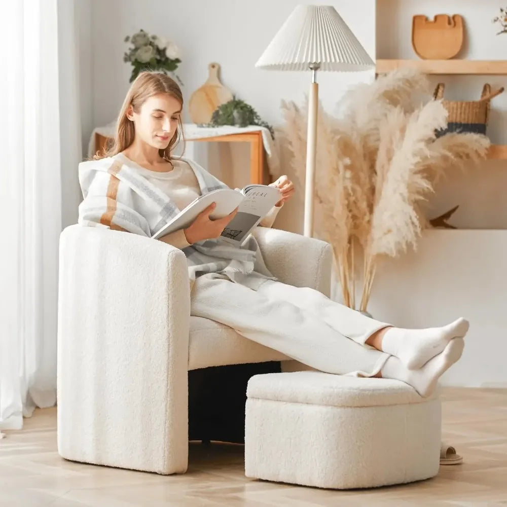 Upholstered Sherpa Bucket Armchair with Storage Footstool, Modern Living Room Side Chair, Single Sofa Armchair