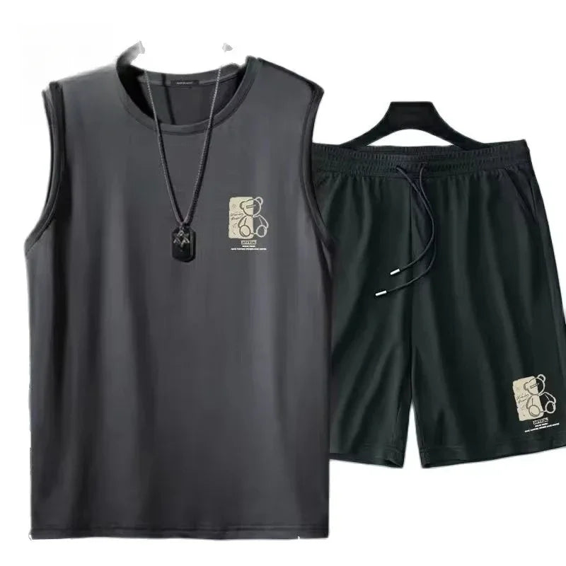 Men's Clothing Fashion Breathable Fitness Sports Quick Drying Tank Top + Sweatpants Two-piece Sets  Tracksuit Men