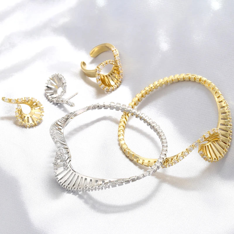 ZHUKOU 18K Golden Plated Brass Bracelet With Zirconia Earrings And Ring Collection Style Ladies Luxury Jewellery: VE1349