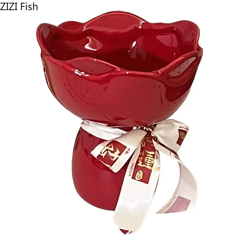 Rose Flower Shaped Ceramic Vase Desk Decoration Flowers Arrangement Girding Decorative Floral Vases Room Aesthetic Decor