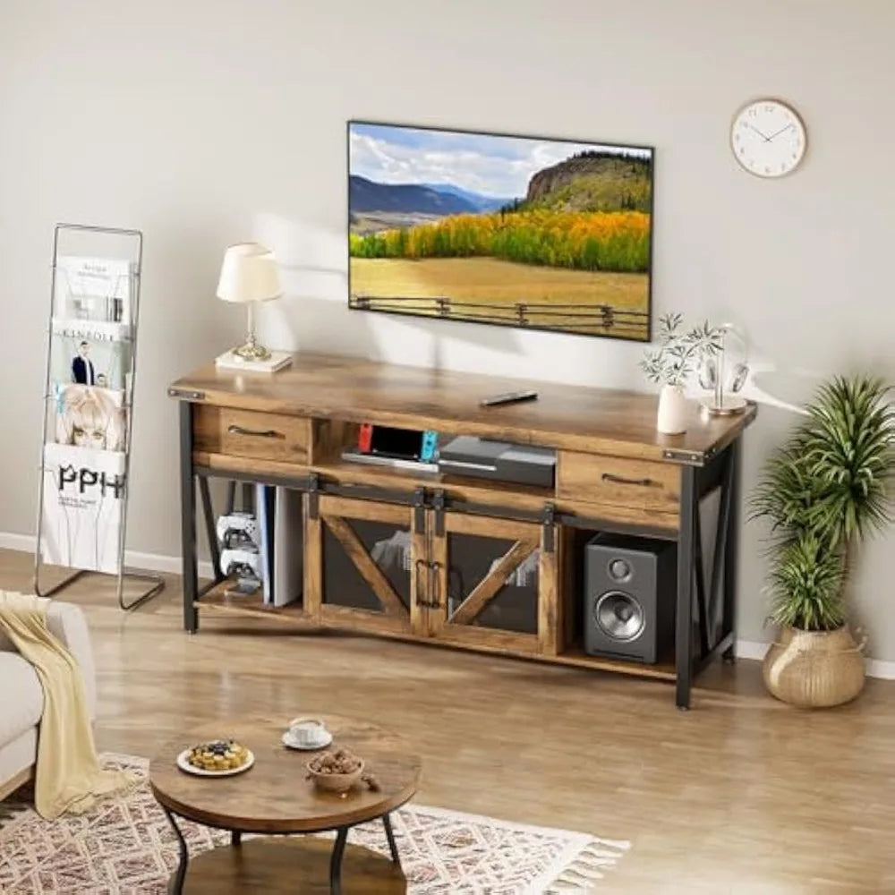 TV Stand for 75 Inch TV,Entertainment Center with Power Strip & Storage,2 Drawers & Sliding Barn Doors - Industrial Rustic