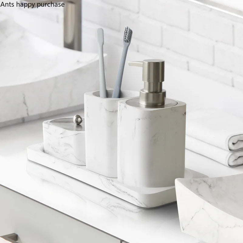 Bathroom Four Piece Set Resin Marble Bathroom Set Wash Sets Lotion Bottle Mouthwash Cup Cotton Swab Box Tray Soap Dispenser