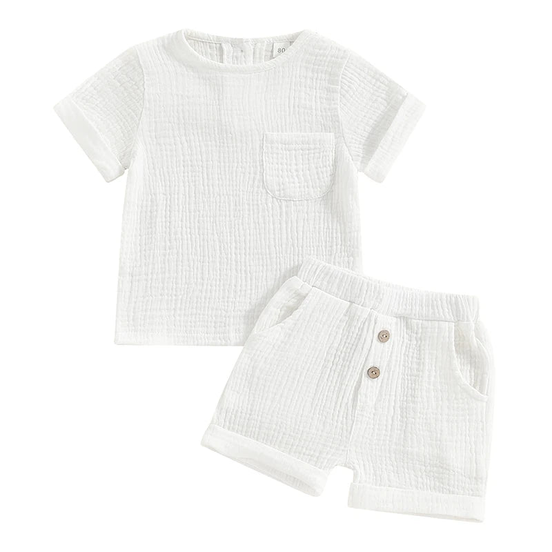 Newborn Baby Boys Summer Clothes Sets Solid Cotton Linen Pocket Short Sleeve T-shirts+Button Pocket Shorts Beach Casual Outfits