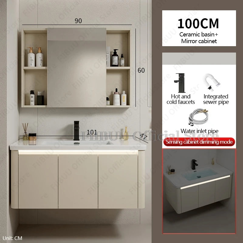 Bathroom Cabinet with Rounded Corners Ceramic Washbasin Wall-mounted Bathroom Dressing Storage Cabinet with Mirror and Faucet