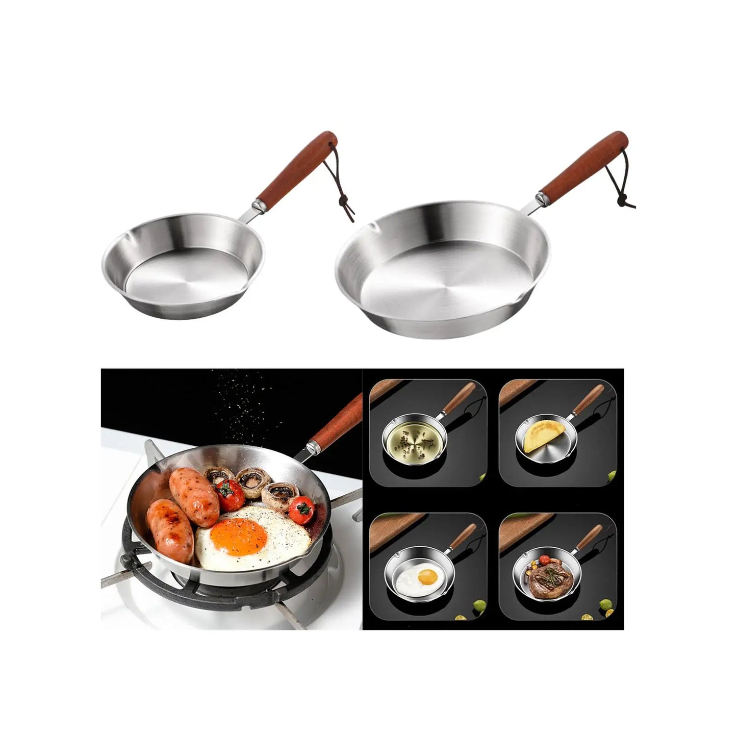 Kitchen Stainless Steel Fry Pan Cooking Eggs Sandwich Kitchen Cookware Wood Handle Butter Warmer Steak Grilling Pan for Home Rvs