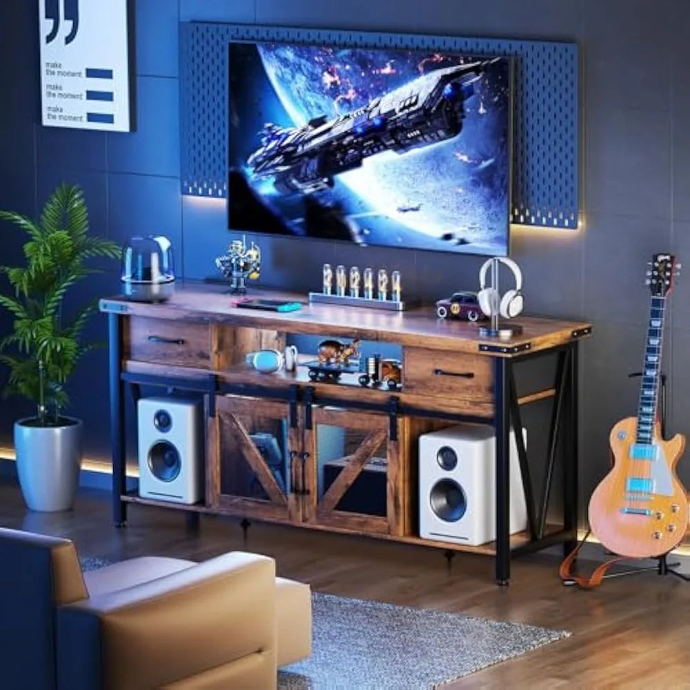 TV Stand for 75 Inch TV,Entertainment Center with Power Strip & Storage,2 Drawers & Sliding Barn Doors - Industrial Rustic