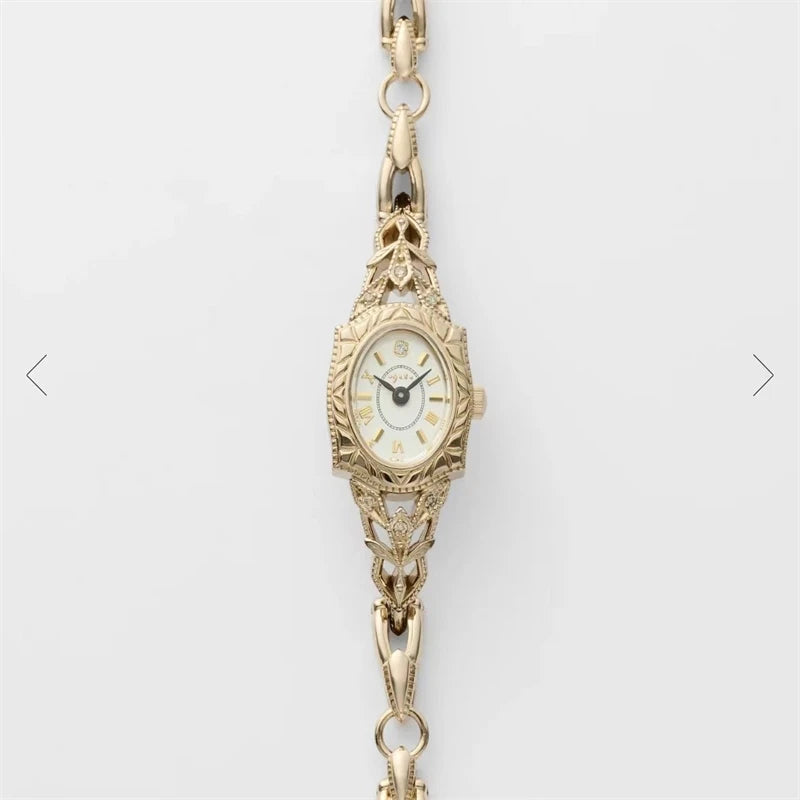 Medieval Vintage Women Watch Japanese Quartz Oval Carving Bracelet 18K Brass Fine Watch for Women