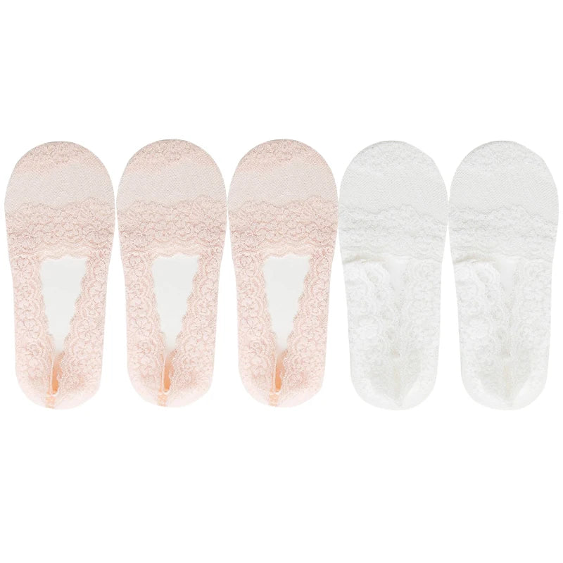 5 Pairs Socks Women's Lace Invisible Short No-Show Ankle Foot Summer Cotton Transparent White Low Cut Boat Sock