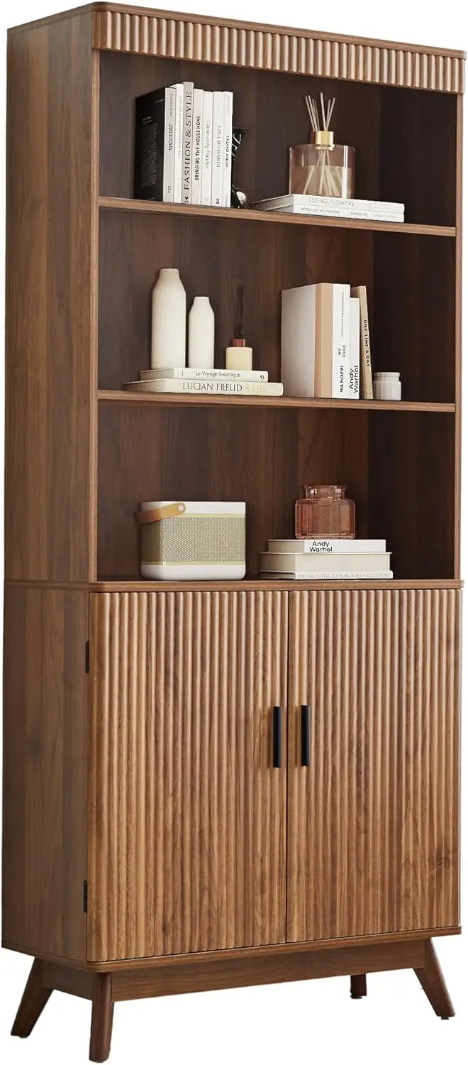 68" Fluted Tall Bookcase with Storage Cabinet,Mid-Century Modern 5-Tiers Arched Bookshelf Cabinet with Doors