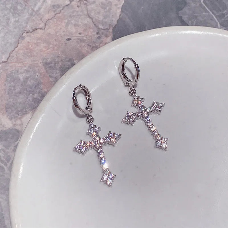 2025 Fashion Silver Color Cross Star Zircon Stud Earrings for Women Girl Korean Four-Pointed Star Personality Earrings Jewellery