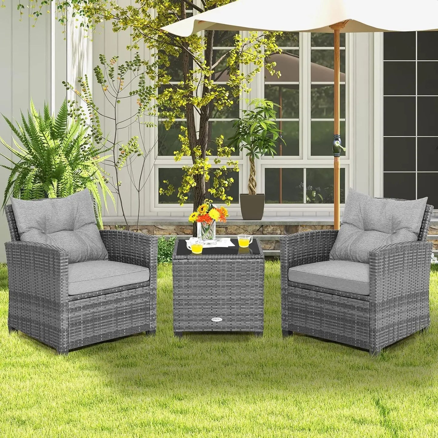 LDAILY Patio Furniture Set, 3 Pieces PE Rattan Wicker Patio Sofa Chairs with Washable Cushion & Glass Table, Outdoor Furniture C