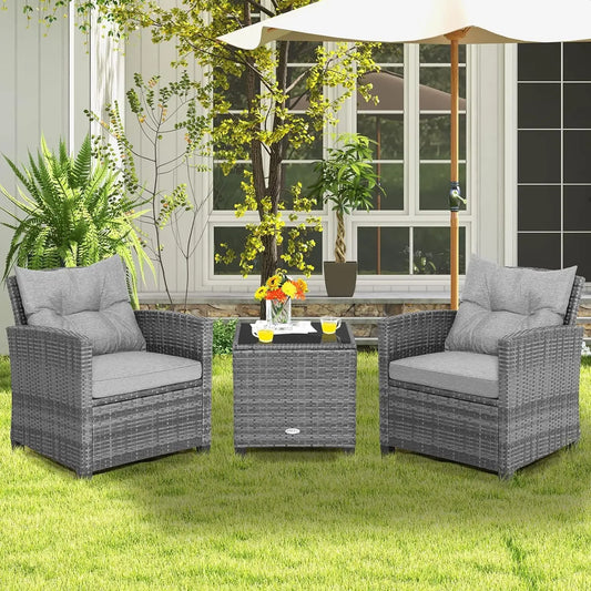 LDAILY Patio Furniture Set, 3 Pieces PE Rattan Wicker Patio Sofa Chairs with Washable Cushion & Glass Table, Outdoor Furniture C