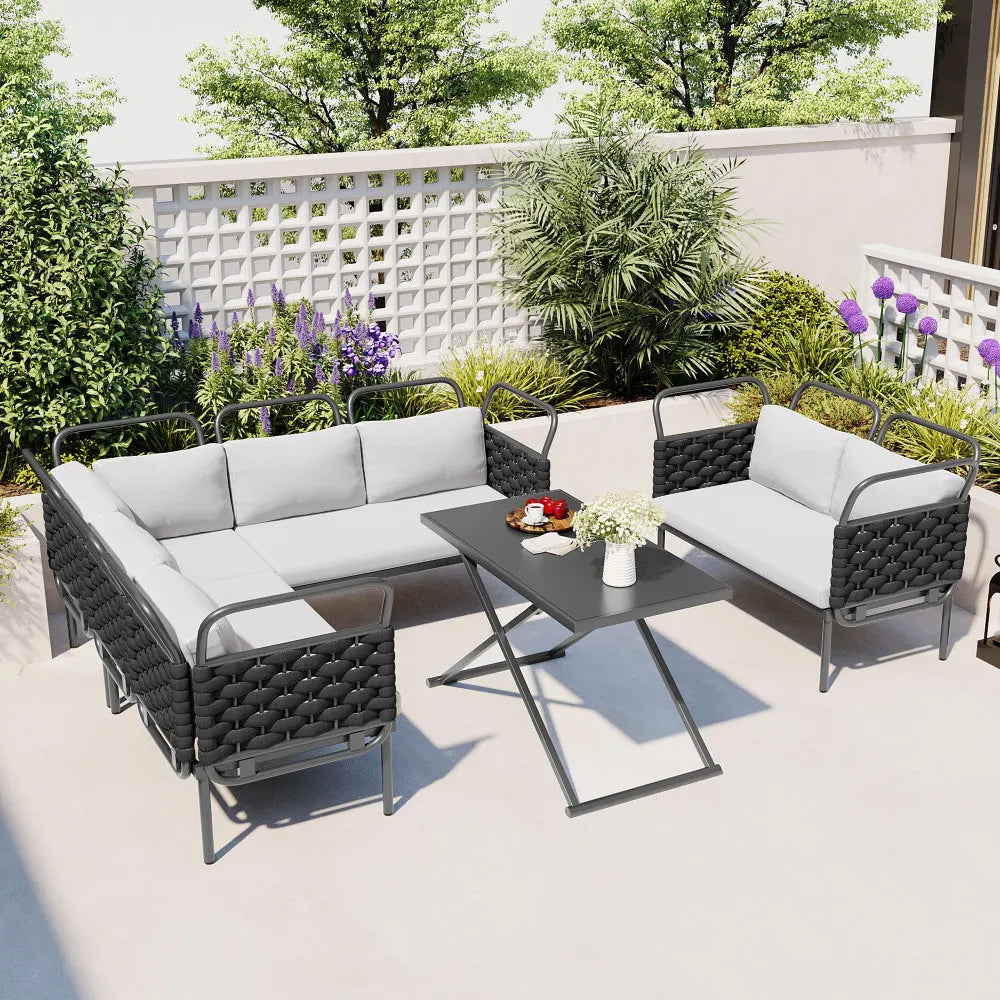 Garden Furniture Sets 5-Piece Modern Patio Sectional Sofa Set Outdoor Woven Rope Furniture Set with Glass Table and Cushions