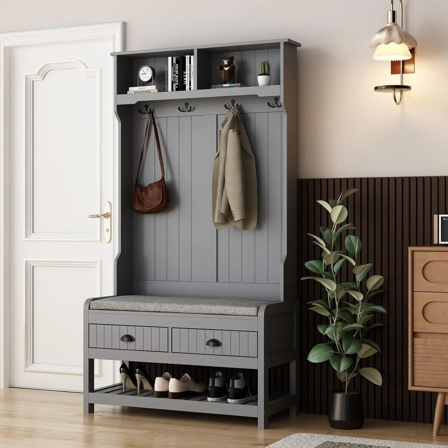 Entryway Hall Tree with Bench, Mudroom Coat Rack and Shoe Storage, Hanging Hooks, Mudroom Storage Organizer