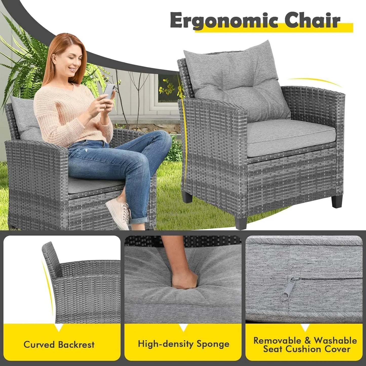 LDAILY Patio Furniture Set, 3 Pieces PE Rattan Wicker Patio Sofa Chairs with Washable Cushion & Glass Table, Outdoor Furniture C