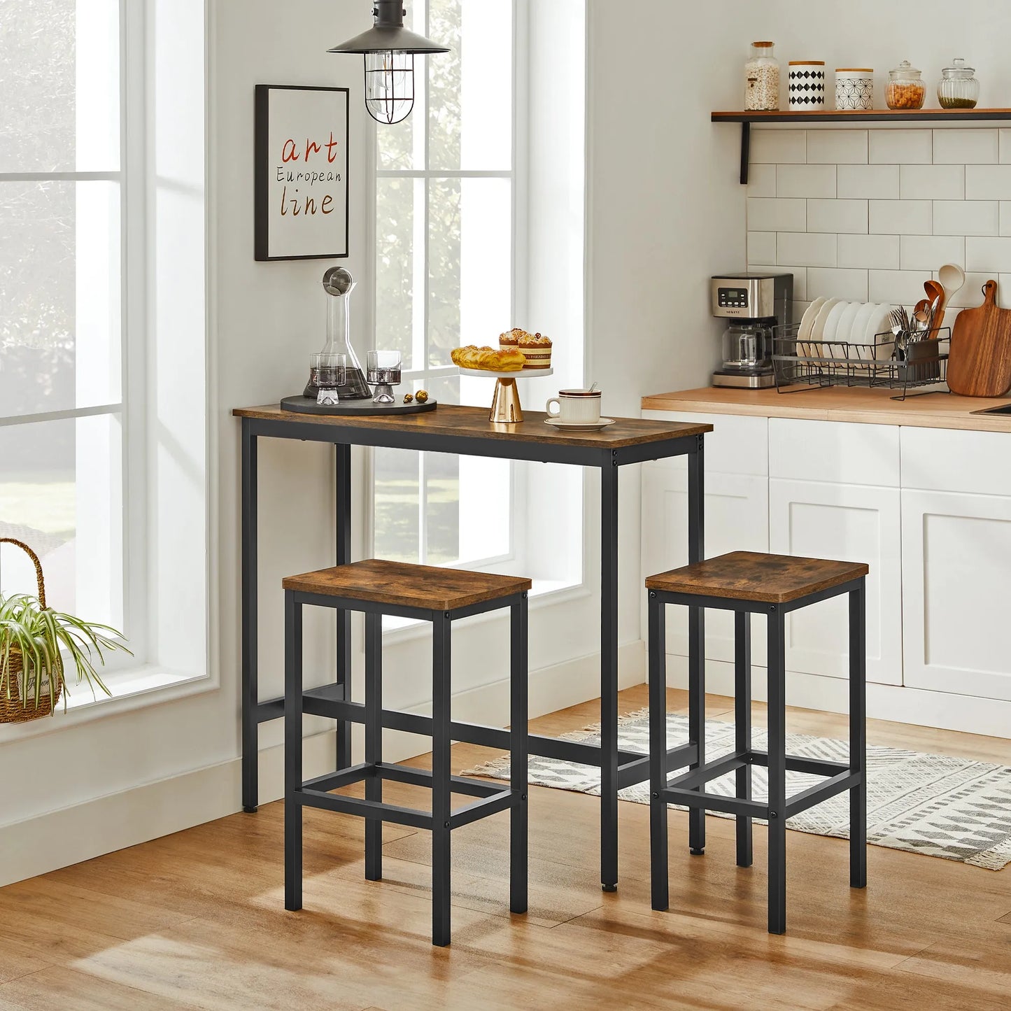 VASAGLE Dining Table Set, Bar Table with Stools, Breakfast Bar Table, 2 Stools, Industrial Steel Frame, Rustic Brown/Black
