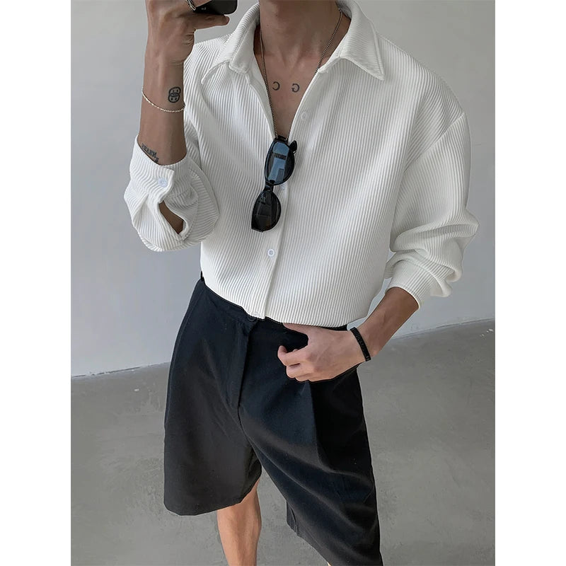 Autumn Men's Clothing Light Luxury Pleated Shirt Leisure Long Sleeve Drapped Solid Color Loose Basic Business Casual Shirts Men