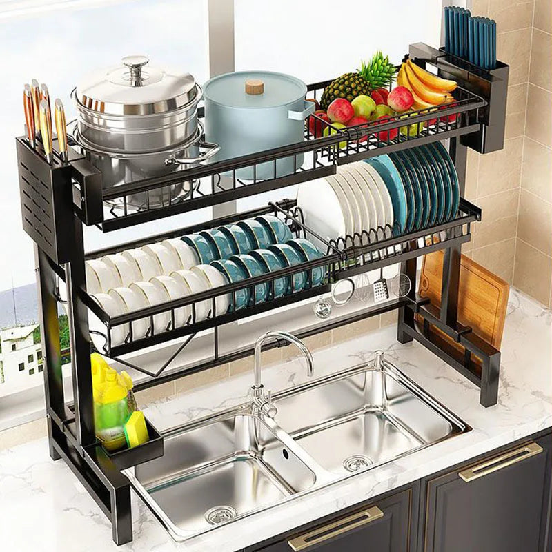 1pc countertop cutlery storage drainage rack expandable kitchen sink shelf bowl rack drain black kitchen organizer