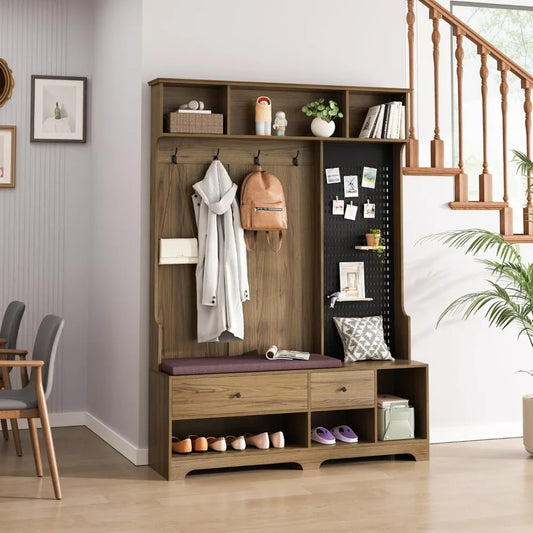 Hall Tree with Bench And Shoe Storage,6-In-1 Hall Tree with Coat Rack And Drawer,Entryway Hall Tree with 4 Hooks And Removable C