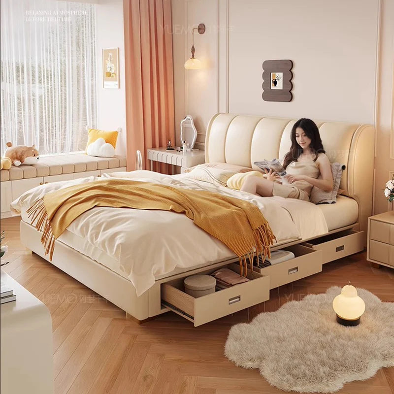 White Cream Bed Cloud Large Size Room Decor Beauty Wooden Comfortable Ergonomic Bed Floor Letto Matrimoniale Home Furniture