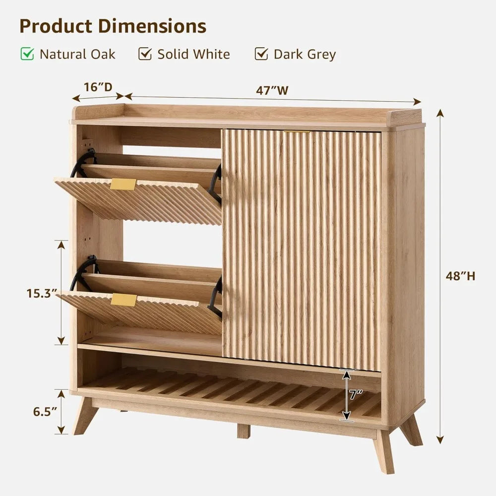 Fluted Shoe Storage Cabinet with 2 Flip Drawers & Sliding Door, 4-Tier Adjustable Shelves, 47" Wide Large Shoe Organizer, Woode