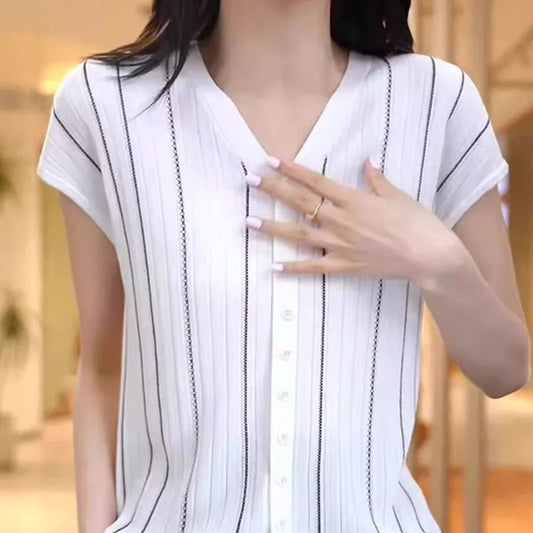 Women's Clothing  Hollow Out French Style Cardigan Summer Striped Large Size Knit tees Short Sleeve Lady V-neck All-match Tops