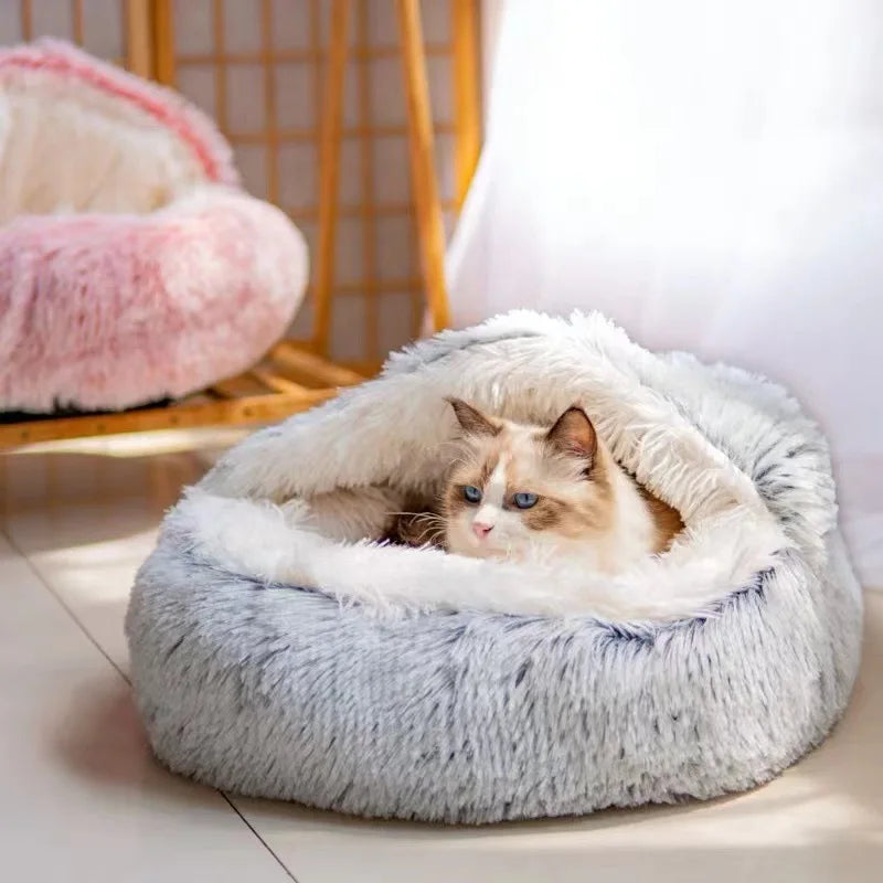 New Soft Plush Pet Bed with Cover Round Cat Bed Pet Mattress Warm Cat Dog 2 in 1 Sleeping Nest Cave for Small Dogs