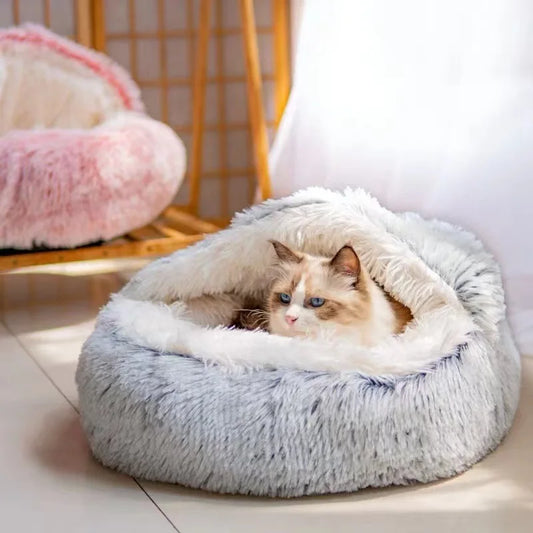 New Soft Plush Pet Bed with Cover Round Cat Bed Pet Mattress Warm Cat Dog 2 in 1 Sleeping Nest Cave for Small Dogs
