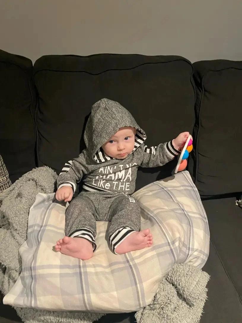 Newborn infant Baby Boy Fashion Clothes Letters Printed Hooded Romper Bodysuit Top and Long Pants Outfit Set for Toddler Boys