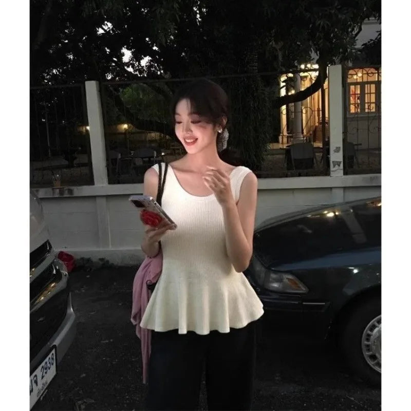 Women Clothing Summer Fashion Casual Simplicity All-match Fashionable Solid Color O-neck Waist Fish Tail Sleeveless Camisole Top