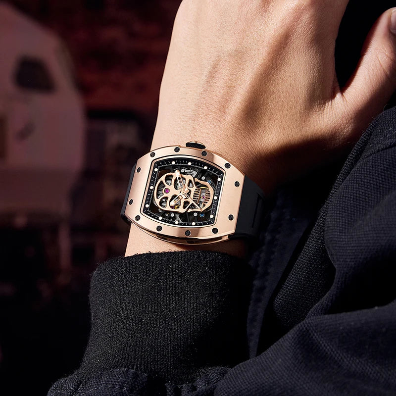 Fashionable Automatic Movement Mechanical Watch for Men Hollow Design High Quality Waterproof Mens Stylish Tonneau Rel
