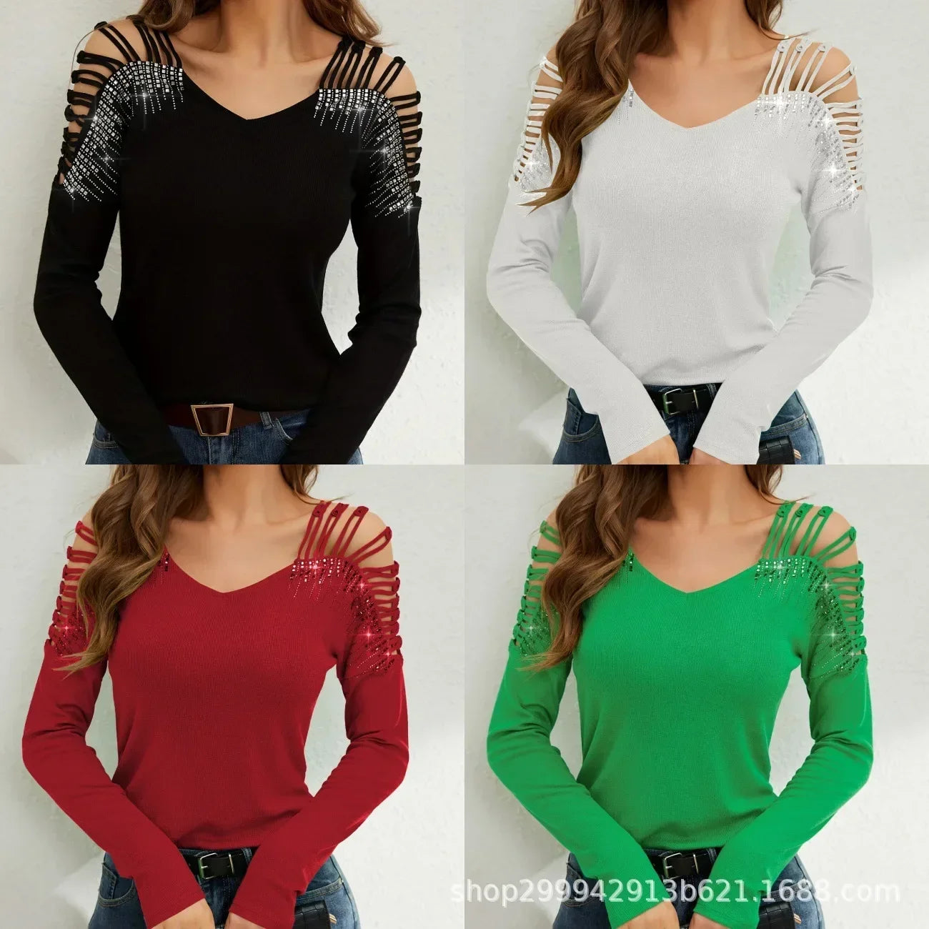 Lace splicing rhinestone V-neck long sleeved women's T-shirt sports women's round neck hollowed out shoulder long sleeved shirt