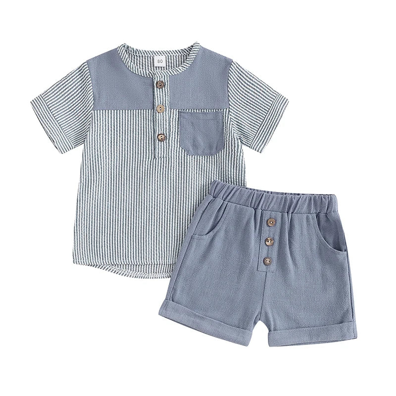 2024-03-09 Lioraitiin Toddler Boys Summer Outfits Striped Print Short Sleeve T-Shirt and Elastic Shorts Vacation Clothes Set
