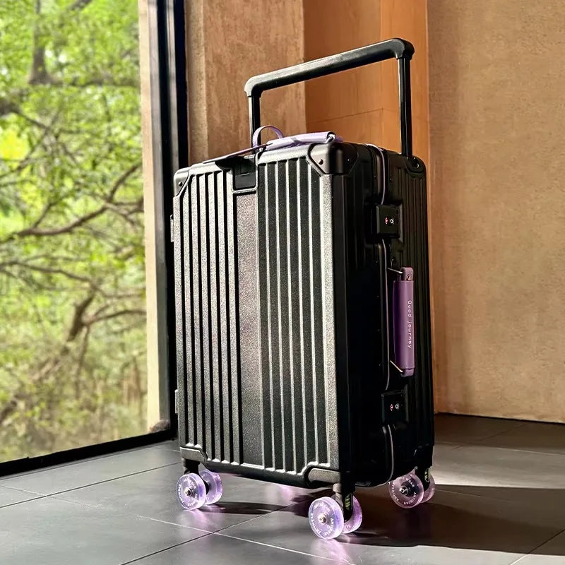 New Aluminum Frame Wide Handlebar Rolling Luggage Large Capacity Trolley Suitcase with Colorful Silent Spinner Wheels TSA Lock