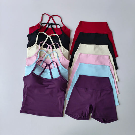 Fitness Gym Set Women 2 Piece Sets Halter Neck Tank Tops High Waist Scrunch Seamless Shorts Sport Suit Sportswear Workout Set