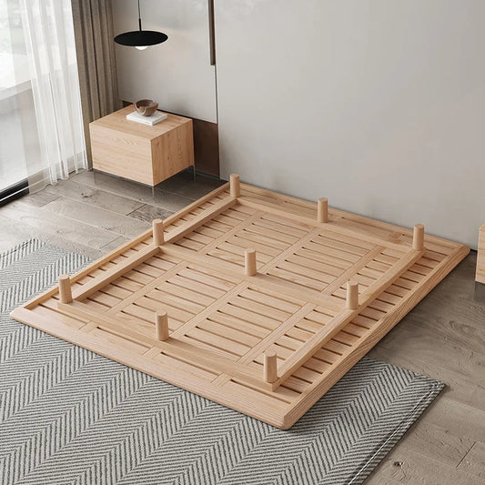 Suspended Bed Minimalist Ash Wood Bedside Frame 2023 New Wabi **** Wind Master Bedroom Simple Pure Solid Wood Bed With Lamp