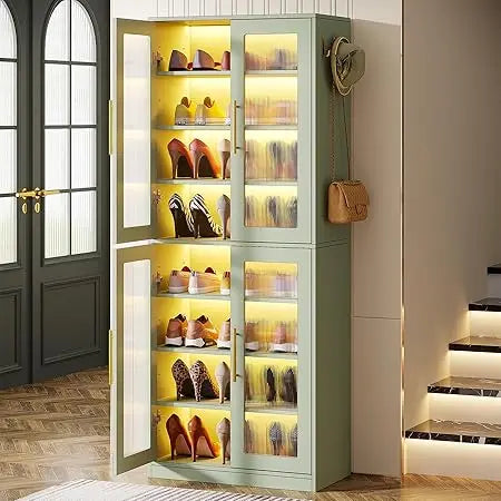 Black Shoe Storage Cabinet with Acrylic Doors and LED Lights, 8-Tier Tall Entryway Shoe Organizer Rack with Adjustable Shelves