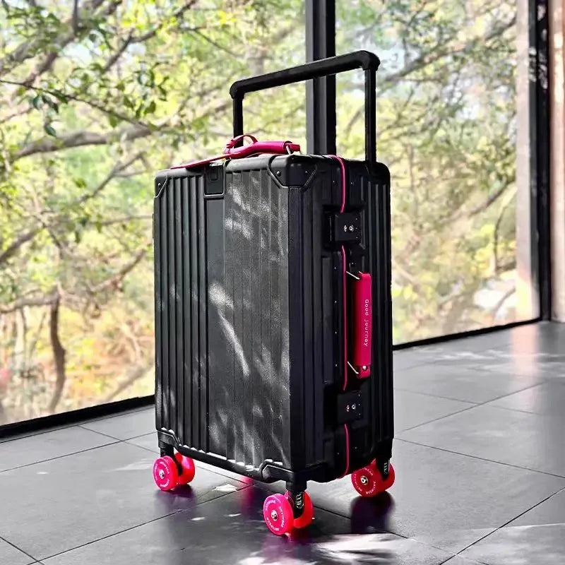 New Aluminum Frame Wide Handlebar Rolling Luggage Large Capacity Trolley Suitcase with Colorful Silent Spinner Wheels TSA Lock