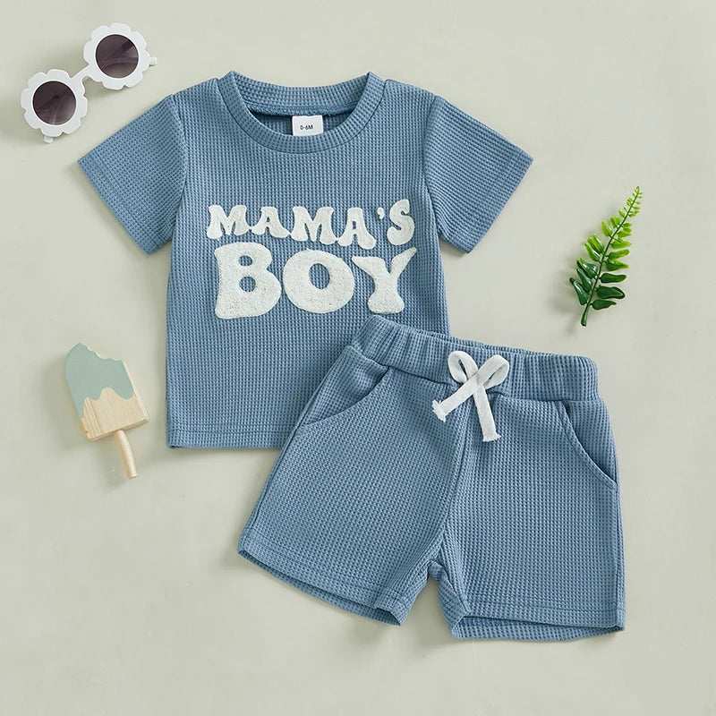 Toddler Baby Boy Summer Outfit Letter Embroidery Short Sleeve T-shirt Solid Shorts Waffle Knit Set