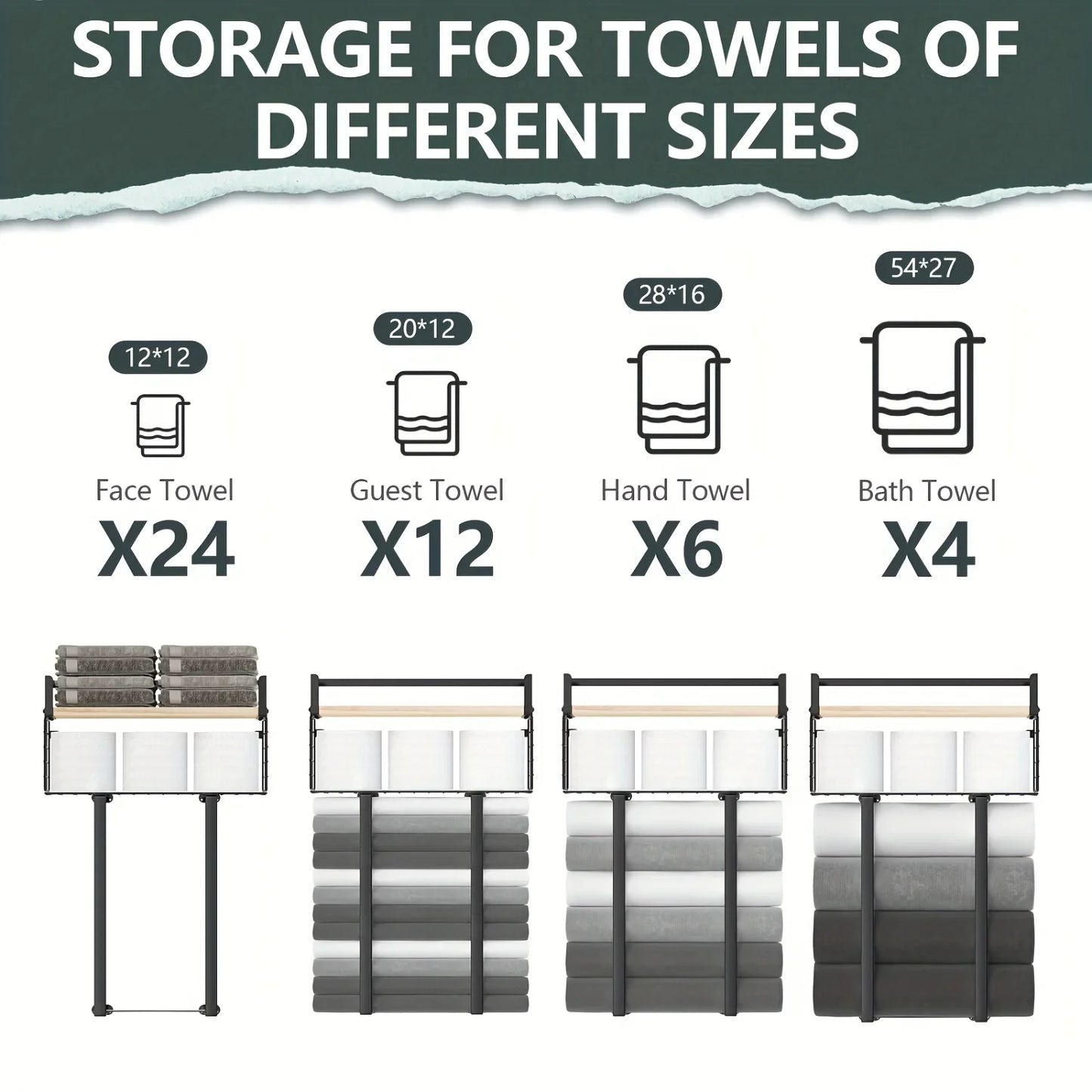 Bathroom  Sheves, Towel Racks With Metal Tissue Basket, Holder Wall Rack For Rolled Towels, Org