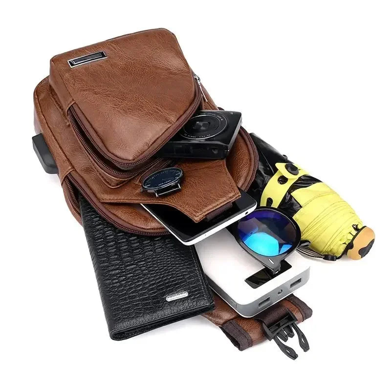 Men's Chest Bags Pack Business Messenger USB Charging Fashion PU Leather Waist Outdoor Casual Sports Brand Single Shoulder Bag