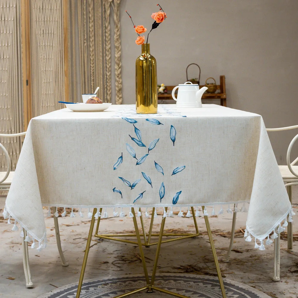 Embroidered Floral Pattern Tablecloth for Dining Table,Dust Proof Spillproof Soil Resistant Cotton Linen Rectangle Table Cover