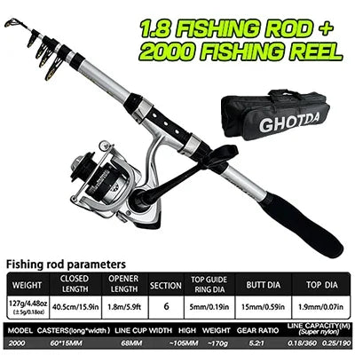 Sea Fishing Rod Reel Kit 1.8M Telescopic Carbon Pole 2000 Series Spinning Reel Max Drag 8KG With Bag Travel Full Kits Bait 5-20g