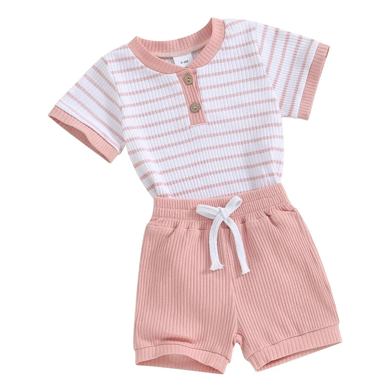 2023-11-18 Lioraitiin Newborn Baby Boy Girl Summer Clothes Striped Short Sleeve Ribbed Romper Tops Elastic Shorts Set Outfits