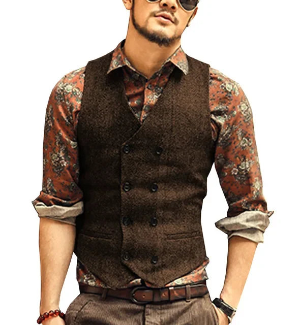Men Vests Suit Vest Tweed Man Waistcoat Brown Black Groomman Wedding Clothing Jacket Victorian Style Steampunk BusinessA