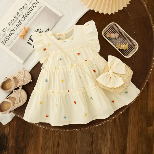 Baby Girl Clothes Summer New Floral Pattern Solid Color Round Neck Simple Girl Kid's Dress Cute Casual Baby Dresses With Bag