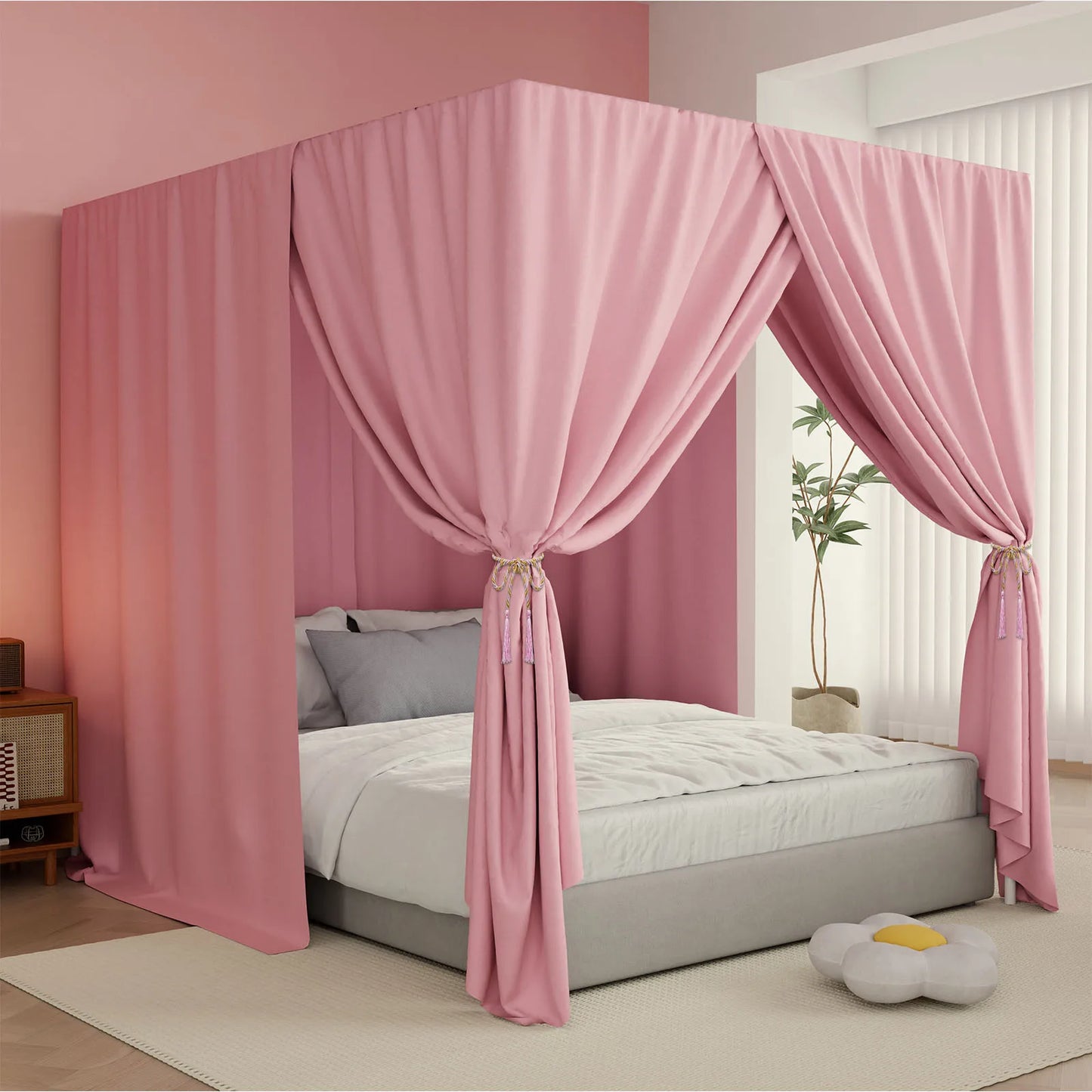 Pink/Black Corner Post Bed Canopy Bed Lightproof Curtain Sheer Canopy for Adults Bedroom Decoration Windproof Modern No bracket