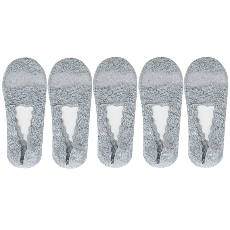 5 Pairs Socks Women's Lace Invisible Short No-Show Ankle Foot Summer Cotton Transparent White Low Cut Boat Sock