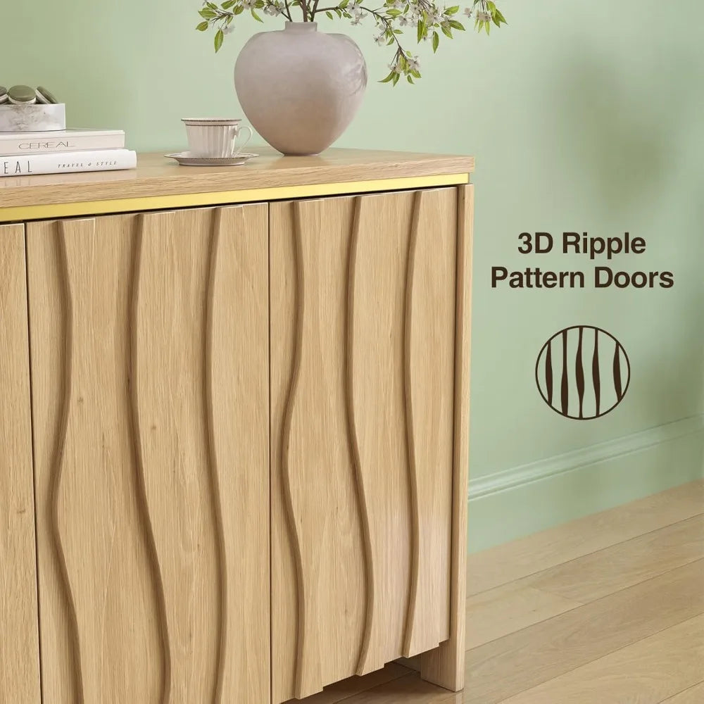 Fluted Cabinet with 3D Ripple Doors, 57.9" W Storage Cabinet with Adjustable Shelves, Modern Curved Edge Design for Living Room