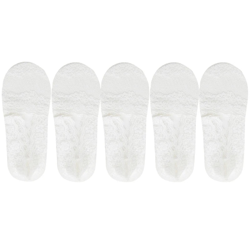 5 Pairs Socks Women's Lace Invisible Short No-Show Ankle Foot Summer Cotton Transparent White Low Cut Boat Sock